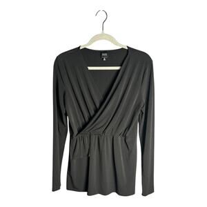 Black Saks 5th Ave Black Long Sleeve Wrap Peplum Blouse Size Medium